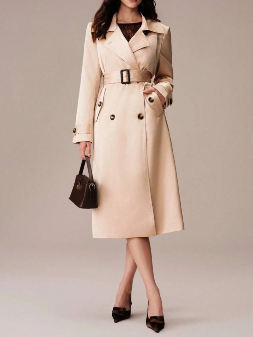 Cream Belted Trench Coat with Lapel Collar